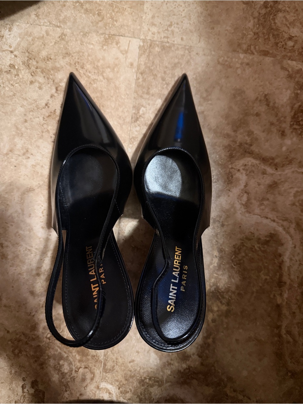 Saint Laurent Faye 110 Black Patent Pointed Slingback Pumps 39
